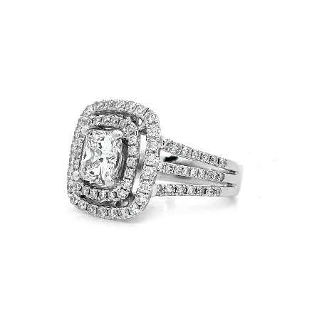 18K White Gold Estate 3Row Split Shank Double Halo Engagement Ring w/1 Radiant Diamond=1.32ct VS2 J and Diams=.87ctw VS-SI H-I Size6.5