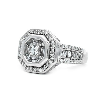 14K White Gold Estate Invisible Set Hexagon Cluster Ring Size7 w/Square Emerald Cut Diams=.21apx 8 Calibre Step Cut Diams=.48apx 14Baguette Diams=.40apx and 58Round Brilliant Cut Diams=.58apx VS-SI I-J 6.4dwt 