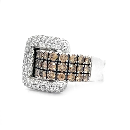 14K White Gold Estate Pave Buckle Ring w/33BrownDiams=0.99apx and 75Diams=1.31apx VS H-I Size6.5 6.7dwt 