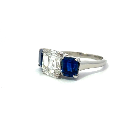 Platinum Estate 3 Stone Custom Ring w/1 Square Emerald Cut Diamond=3.01ct VS1 G and 2Sapphires=2.66ctw Size5.5