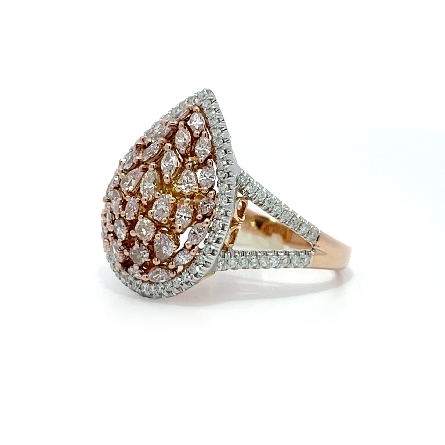 18K Rose and White Gold Estate Pear Shaped Cluster Halo Ring w/22Marquise Diams; 4Oval Diams; 4Princess Diams; 4Cushion Cut Diams=1.13apx SI2-I2 Light Pink and Diams=.44apx VS-SI G-H Size8.5 5.7dwt 