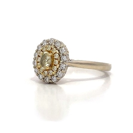 18K Two Tone Estate Oval Double Halo Ring w/1 Oval Diam=0.21apx VS Fancy Light Yellow and 12 Diams=0.12apx VS Light Yellow and 14 Diams=0.28apx VS H-I Size6.75 2.9dwt