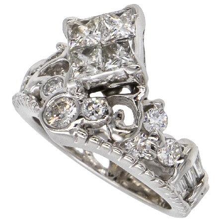14K White Gold Estate Tiara Style Ring w/Princess-Cut and Round Diams=2.00apx VS-SI H-I Size6.5 5.5dwt