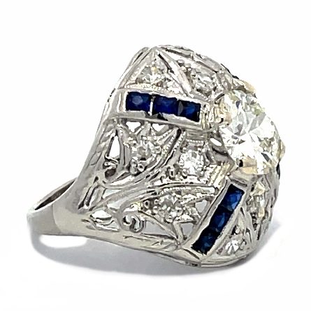Platinum Estate   As Is   Filigree Synthetic Blue Sapphire Dome Ring w/1Round Old European Cut Diamond=1.29apx SI1 I and 12Round Diamonds=.30apx SI1 H Size3.5 3.80dwt