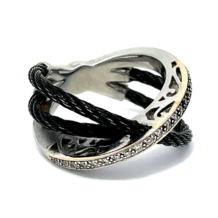 18K White Gold and Black Plated Stainless Steel Estate Alor 3 Open Row Twist Cable Ring w/19 Diams=.19apx SI H-I Size 7   4.5dwt