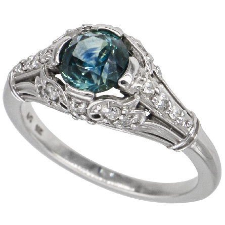 14K White Gold Estate Antique Style Ring w/Sapphire=1.35ct and 18Diams=.26ctw Size 7