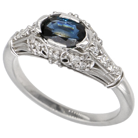 14K White Gold Estate Antique Style Ring w/Sapphire=1.07ct and 18Diams=.26ctw SI H Size 7