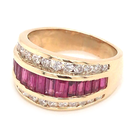 14K Yellow Gold Estate Ruby Center 3Row Channel Band w/Diams=.60apx SI I-J Size 7.50 4.60dwt