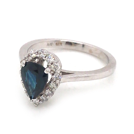 14K White Gold Estate Halo Ring w/Pear Sapphire=1.07ct and 14Diams=.27ctw SI J Size 6.5