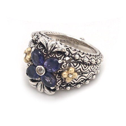 Sterling Silver and 18K Yellow Gold Estate Barbara Bixby Oval Iolite and White Sapphire Clover Ring Size7 9.0dwt