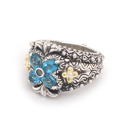Sterling Silver and 18K Yellow Gold Estate Blue Topaz and Diamond Imitation Clover Ring Size7 8.9dwt
