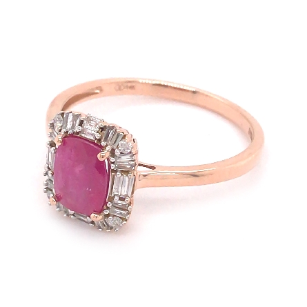 14K Rose Gold Estate Cushion-Cut Ruby Halo Ring w/4Round Diams=.05apx and 24Baguette Diams=.51apx SI2-I1 I-J Size11 2.1dwt