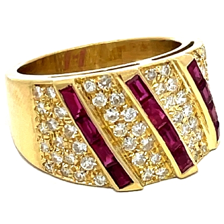 18K Yellow Gold Estate Ruby Channel Diagonal and Pave Wide Band w/62 Diams=.62apx SI H Size 6.75   7.6dwt