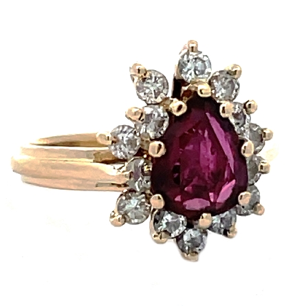 14K Yellow Gold Estate Pear-Shape Ruby Halo Ring w/14 Diams=.63apx SI2-I1 H-I Size 5.5  2.9dwt