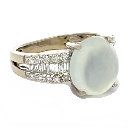 18K White Gold Estate Jadeite Cabochon Ring w/37 Baguette and Round Diams=.50apx SI1-SI2 H-I Size 5.5  2.9dwt