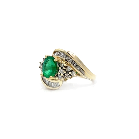 14K Yellow Gold Estate Emerald Shared prong and Swirl Channel Set Bypass Fashion Ring Size7.25 w/12RoundDiams=.24apx and 26BaguetteDiams=.26apx VS-SI I-J 4.0dwt 