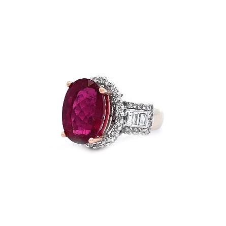 14K White and Rose Gold Estate Rubelite Ring w/6 Baguette Diams=.35apx VS I and 44 Round Clear Diams=.44apx SI-I I-J Size 8    5.9dwt