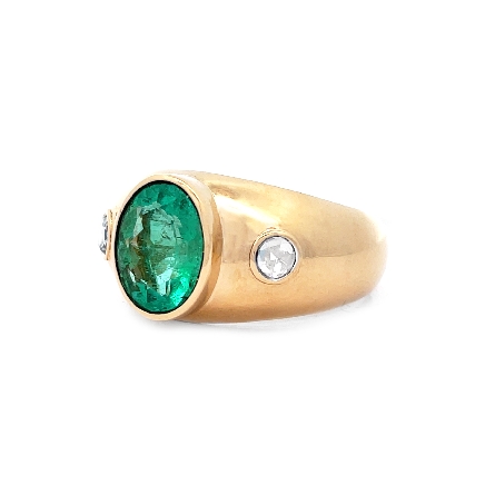 18K Yellow Gold Estate Bezel Set Emerald=3.10apx Wide Dome Ring Size11.75 w/2Rose Cut Diams=.11apx VS I 7.8dwt 