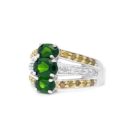 10K White Gold Estate Green Tourmaline 3Row Split Shank Ring Size8 w/10Diams=.17apx I2-I3 I-J and 20Diams=.34apx Fancy Greenish Yellow - Brownish Yellow I2 3.4dwt 