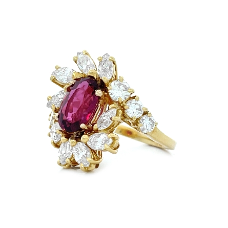 18K Yellow Gold Estate Bypass Halo Ring w/1 Oval Thai Ruby GIA#6217509023 and Marquise and Round Diams=1.40ctw VS-SI H-I Size5.5  