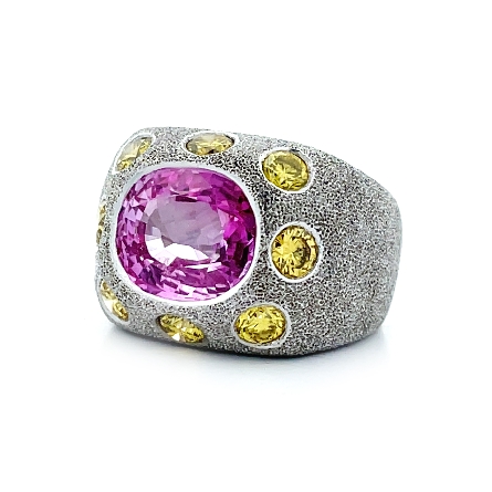18K White Gold Estate Textured Burnish Set Ring w/1 Oval Vietnamese Pink Sapphire=5.00apx 10.92 x 9.43 x 5.29mm GIA#2231572559 and Yellow Sapphires Size5.75 #R5115 