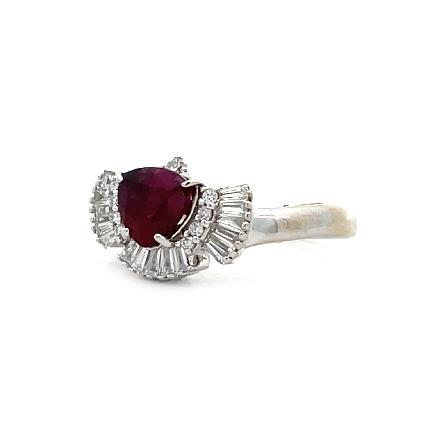 18K White Gold Estate Fan Style Ruby Ring w/9Round and 14 Baguette Diams=.35apx SI H-I Size6.5 2.4dwt