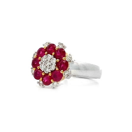 18K Yellow and White Gold Estate Ruby Cluster Flower Ring Size7 w/Diams=0.20apx SI H-I 3.6dwt 