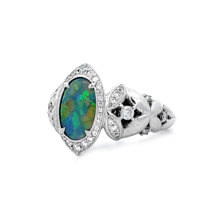 18K White Gold Estate Kat Florence Black Opal=1.21ct Ring w/Diams=.48ctw Flawless D Size8.25 w/Butterfly 5.1dwt