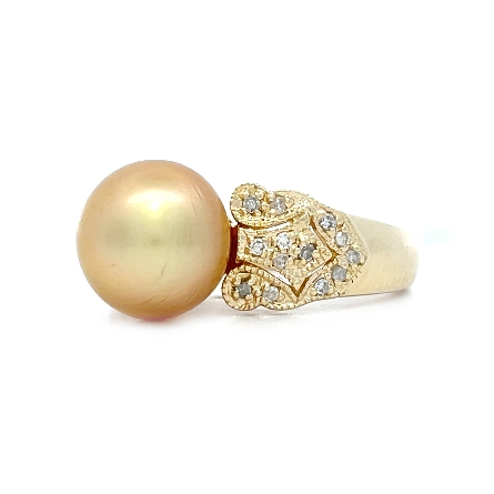 14K Yellow Gold Estate Golden South Sea Cultured Pearl Milgrain Ring w/26Diams=.13apx I1-I2 I-J Size7 3.8dwt