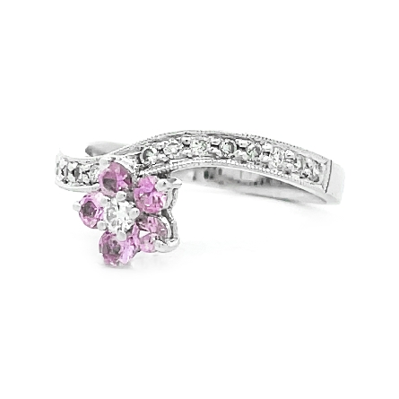 18K White Gold Estate Curved Cluster Flower and Milgrain Ring w/Pink Sapphire=0.32ctw Diams=0.19ctw SI2 H-I (Stamped Inside) Size 6 2.1dwt 