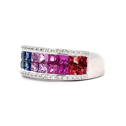 14K White Gold Estate Multi-Colored Fancy Sapphire Invisible Set 4Row Band w/42Diams=.10apx SI H-I Size7 3.9dwt 