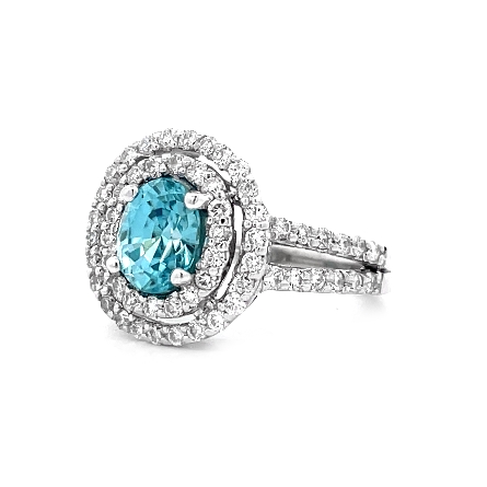 14K White Gold Estate Blue Zircon=2.18ct Double Halo Split Shank Ring Size7.5 w/Diams=1.00apx SI H-I 