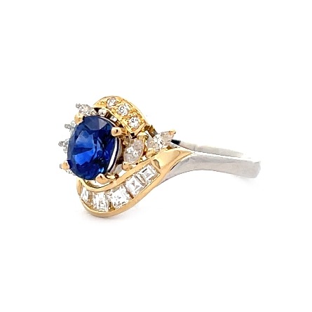 Platinum and 18K Yellow Gold Estate Sapphire=.78ctw Channel and Prong Set Swirl Ring w/7Round Diams 5 Square Step Diams and 2 Marquise Diams=.32apx VS-SI G-I Size6.5 2.7dwt