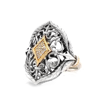 Sterling Silver and 18K Yellow Gold Estate Gabriel and Co Vintage Inspired Filigree Ring w/Diams=.07ctw SI2 G-H Size8 5.0dwt