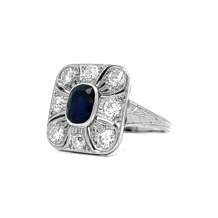 Platinum Estate Sapphire Oval Bezel Set Antique Filigree Cushion Halo Ring Size6.25 w/Diams=.72apx SI1-SI2 H-I 3.7dwt 