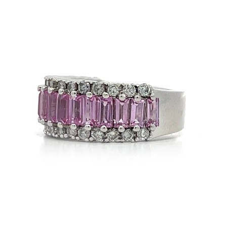 14K White Gold Estate Effy Pink Sapphire 3Row Prong Set Band w/Diams=1.00apx SI1-I1 H-I Size6 5.0dwt  