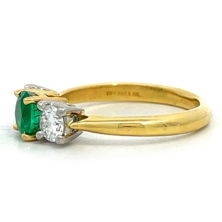 18K Yellow Gold and Platinum Estate Tiffany & Co Emerald Three Stone Ring w/Diams=.40apx VS F-G Size 4.25 2.0dwt