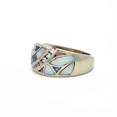 14K White Gold Estate Mother of Pearl Pink and Blue Sapphire Bagley Inlaid Fashion Band w/Diams=.09apx VS H Size6.75 5.0dwt 