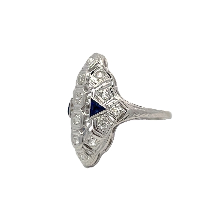 18K White Gold Estate Synthetic Blue Sapphire Filigree Ring w/16Single Cut Diams=0.48apx VS-I2 H-I Size7 2.7dwt 