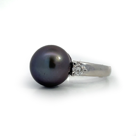 18K White Gold Estate Black Tahitian Cultured Pearl 3Stone Ring w/2Diams=.40apx VS2 I Size9.75 6.6dwt  