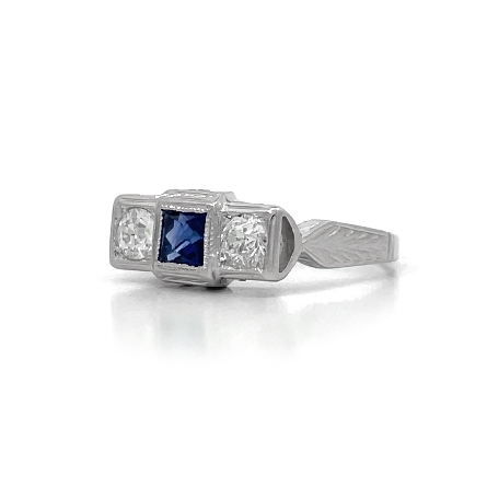 18K White Gold Estate Synthetic Blue 3Stone Antique Filigree Ring w/Diams=.36apx SI1-SI2 I Size5 2.1dwt 