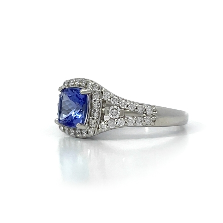 14K White Gold Estate Tanzanite Halo Cushion Ring w/46Diams=.41apx VS H-I Size7 3.2dwt