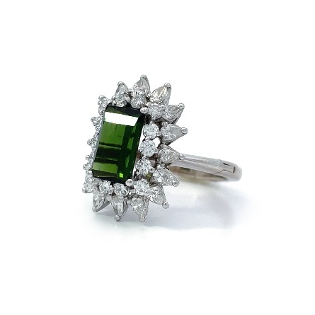 Platinum and 14K White Gold Estate Green Tourmaline Double Halo Superfit Shank w/14Round Diams=.49apx and 16Pear Shaped Diams=.84apx VS2-I1 H-I Size5.5 4.7dwt  