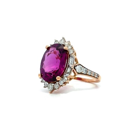 14K Rose Gold Estate Rhodolite Oval Halo Fashion Ring w/24 Round Brilliant Cut Diams=0.84apx and 4 Baguette Diams=0.13apx I1 G-H-I Size6 4.0dwt