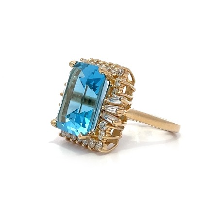 14K Yellow Gold Estate Emerald Cut Blue Topaz Square Halo Ring w/22 Round Brilliant Cut Diams=0.66apx and 6 Tapered Baguette Diams=0.45apx VS-SI H-I Size6.5 5.7dwt