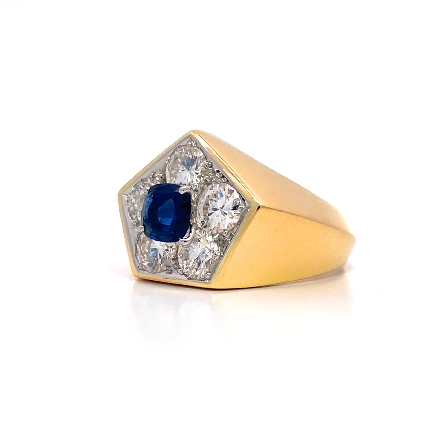 18K Yellow Gold and Platinum Estate Cartier Sapphire Hexagon Halo Fashion Ring 5Diams=2.50apx VS H-I Size9 10.9dwt 