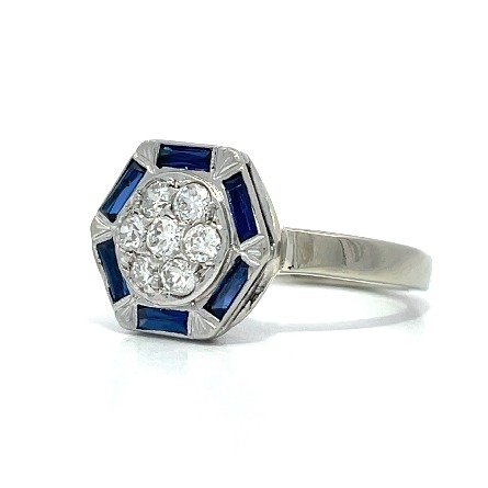 14K White Gold Estate Blue Imitation Antique Style Hexagon Ring w/Diams=0.33apx VS H-I Size4 1.8dwt
