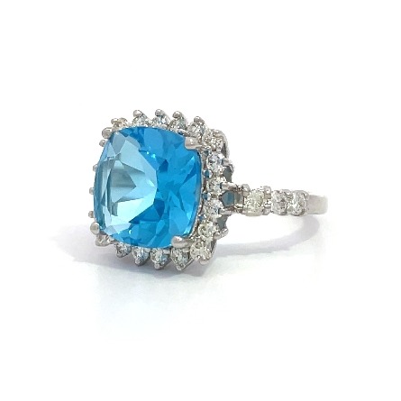 14K White Gold Estate Blue Topaz Cushion Halo Ring w/Diams=0.55apx VS G-H 2.6dwt