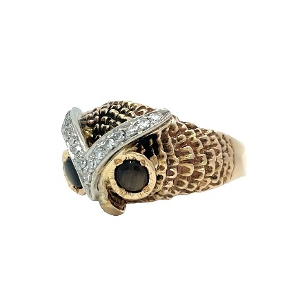 14K Two Tone Estate Black Sapphire Owl Ring w/Diams=0.22apx SI I Size9.25 6.0dwt