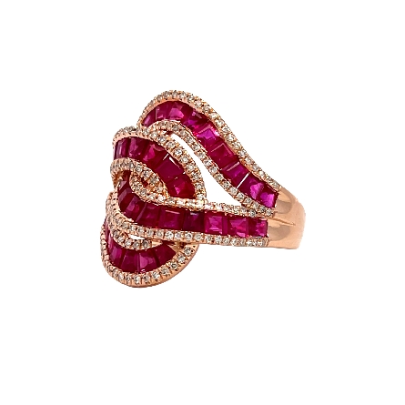 14K Rose Gold Estate Effy Ruby Channel Crossover Ring w/163Single Cut Diams=.73apx VS-SI I-J Size8 4.7dwt